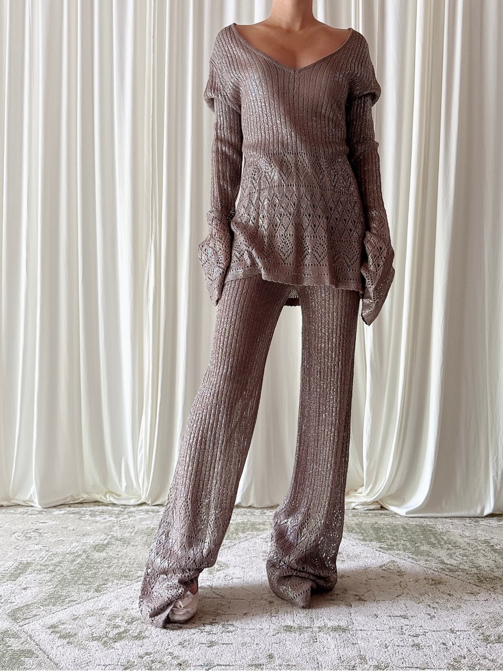 Relaxed V-Neck Knit Top & Wide-Leg Pants Set - Taupe